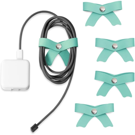 5 Pack Cord Organizer, Bow Cord Keeper, Cable Organizer USB Holder, Leather Cable Management, Cable Straps, Earphone Winder, Storage Straps for Electronics, Earbuds, Big, Mint