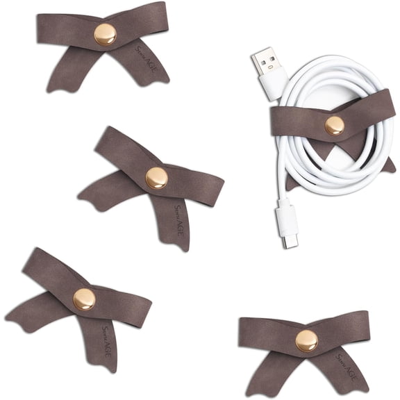 5 Pack Cord Organizer, Bow Cord Keeper, Cable Organizer USB Holder, Leather Cable Management, Cable Straps, Earphone Winder, Storage Straps for Electronics, Earbuds (Choco Brown, Big)
