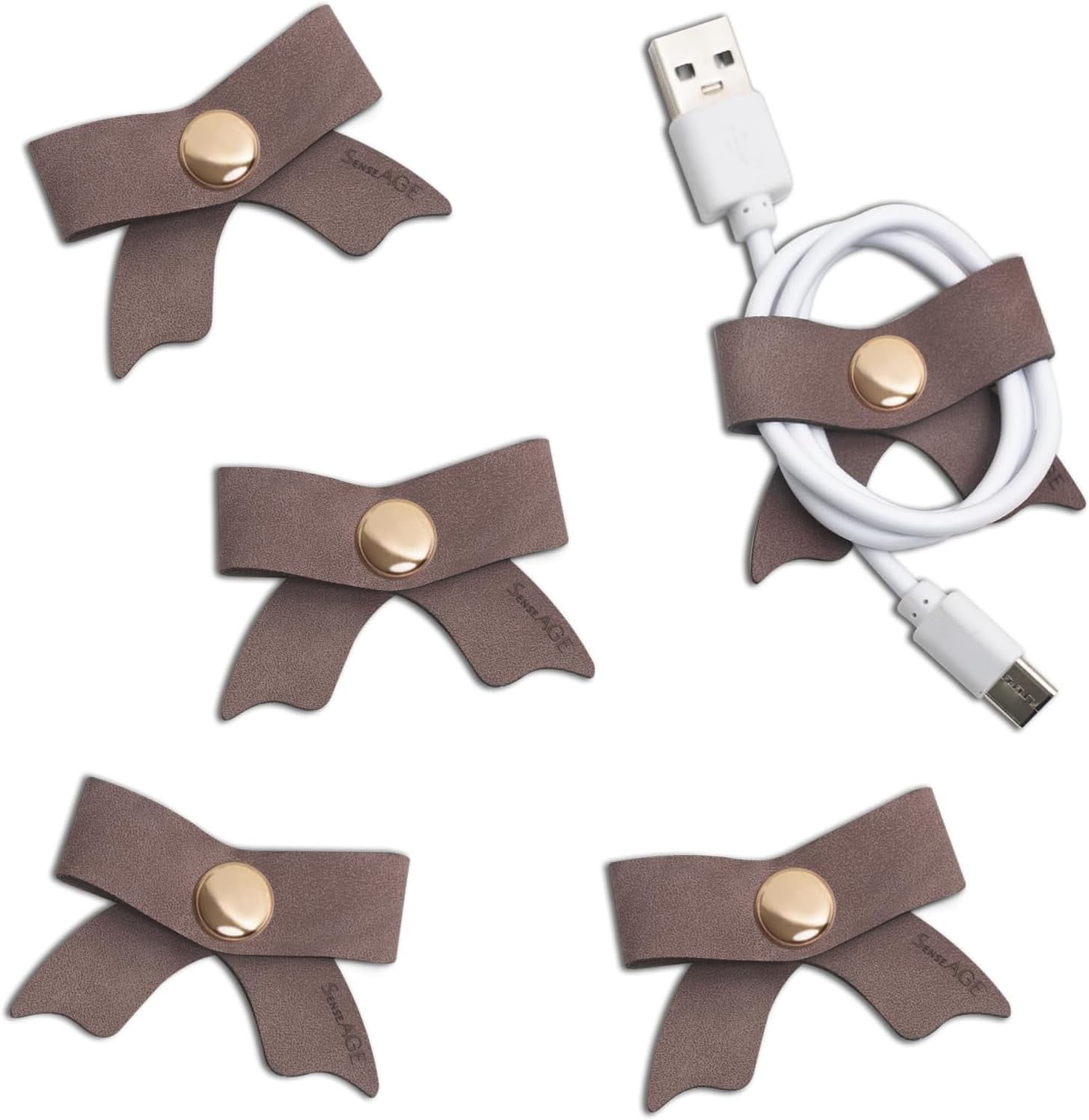 5 Pack Cord Organizer, Bow Cord Keeper, Cable Organizer USB holder, Leather Cable Management, Cable Straps, Earphone winder, Storage Straps for Electronics, Earbuds (Choco Brown, Small)