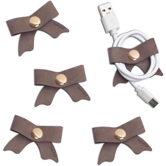 5 Pack Cord Organizer, Bow Cord Keeper, Cable Organizer USB holder, Leather Cable Management, Cable Straps, Earphone winder, Storage Straps for Electronics, Earbuds (Choco Brown, Small)
