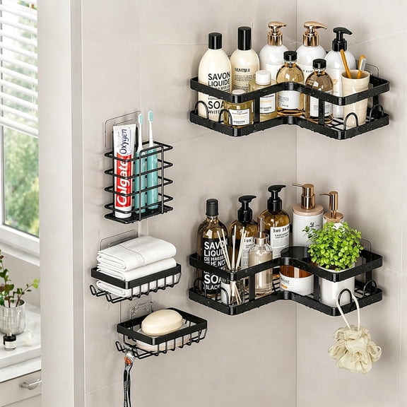 5 Pack Corner Shower Caddy Adhesive Bathroom Shelves Wall Mounted No Drill Storage Organizer Rack for Shower Kitchen Rustproof Bath Shelf for Shampoo Soap Toiletries