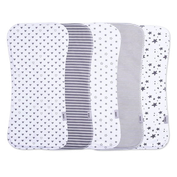 5 Pack Cotton Baby Burp Cloths, Soft Breathable Highly Absorbent Spit Up Rags, Heart Star Stripe Printed Washable Burp Pads for Infant 0-12 Months