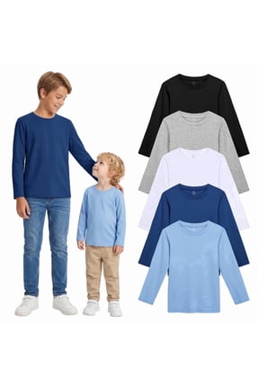 Boys 5 Pack Cotton Long Sleeve T-Shirts, Soft Crew Neck Basic Tees for Toddler & Little Boys, Everyday School Tops