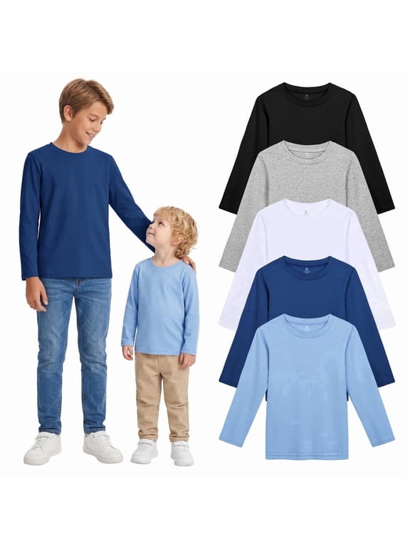 Boys 5 Pack Cotton Long Sleeve T-Shirts, Soft Crew Neck Basic Tees for Toddler & Little Boys, Everyday School Tops
