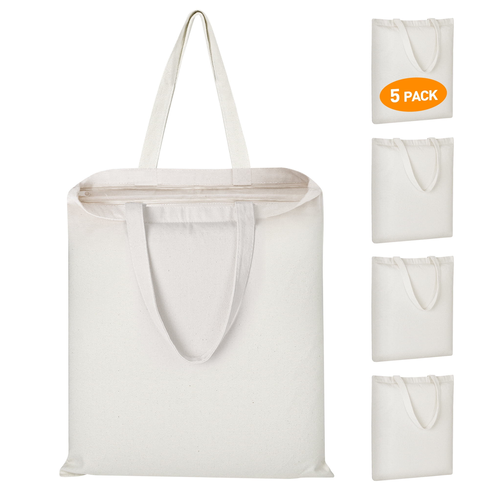 5-Pack Cotton Tote Bags, 15"x16" Reusable Grocery Shopping Bags with Top Zipper Closure, 10oz Blank Canvas Totes for DIY, Shopping, Travel & Daily Use