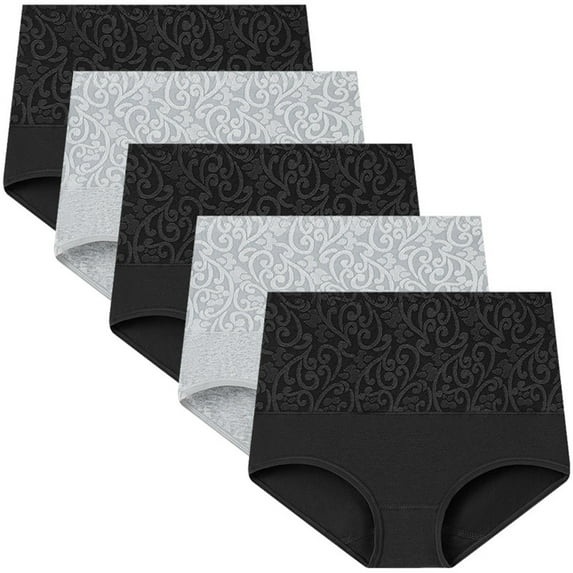 5 Pack Cotton Underwear for Women High Waisted Full Coverage Stretchy Panties Plus Size Multi Colors Briefs (M, Black&Gray)