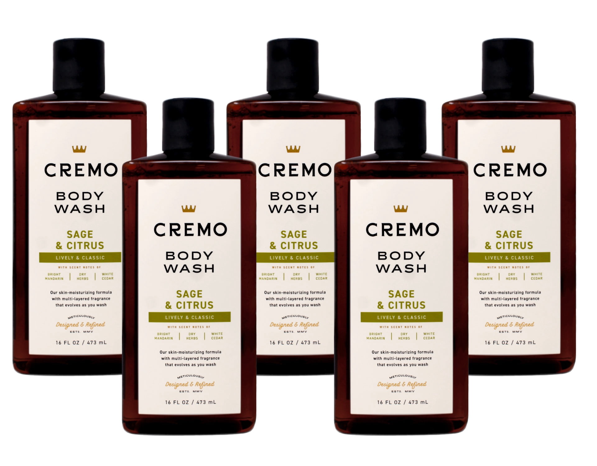 5 Pack - Cremo Body Wash for Men, Sage & Citrus – Bright Mandarin, Dry Herbs & White Cedar, 16 Fl Oz