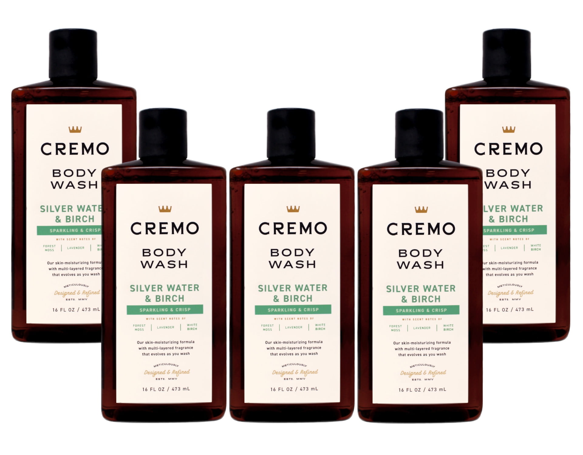 5 Pack - Cremo Body Wash for Men, Silver Water & Birch, Sparkling & Crisp, 16 Fl Oz