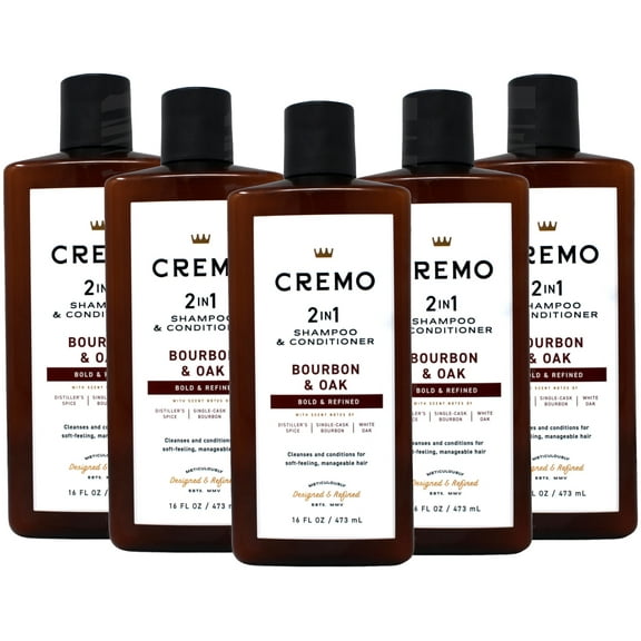 5 Pack - Cremo Bourbon & Oak 2-in-1 Shampoo & Conditioner, Barber Grade Quality That Moisturizes and Cleanses All Hair Types, 16 Fluid Ounce