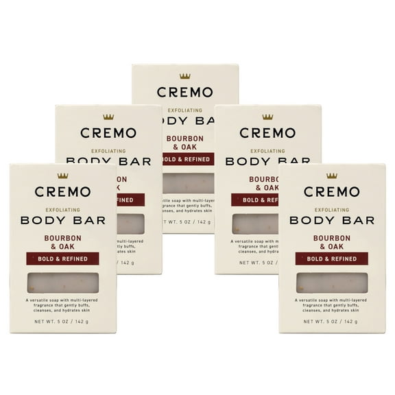 5 Pack - Cremo Exfoliating Body Bar for Men, Bourbon & Oak Scent, Multi-Layered Fragrance That Buffs, Cleanses and Hydrates Skin, 5 OZ