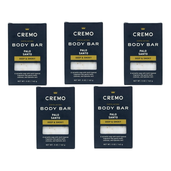 5 Pack - Cremo Exfoliating Body Bar for Men, Palo Santo Scent, Deep & Smoky, Cleanses and Hydrates Skin, 5 Oz