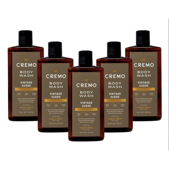 5 Pack - Cremo Vintage Suede Body Wash with Scent Notes of White Moss, Rich Amber, and Smooth Suede, 16 Fl Oz