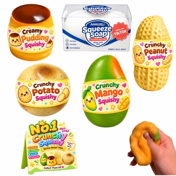 5 Pack Crunchy Squishy Stress Balls, ASMR Bead Filled Squeeze Squishies, Butter Mango Peanut Soap Pudding Potato Moldable Fidget Toys, Slow Rebound Calming Desk Decor for Adults, Party Favor