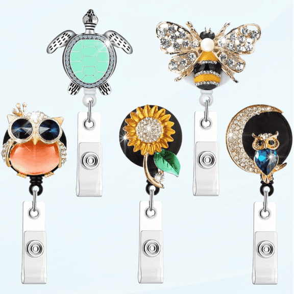 5 Pack Crystal Badge Reels Retractable, Handmade Bling Rhinestone Cute Cartoon Owl, Bee, Sunflower, Turtle ID Name Badge Holders with Alligator Badge Clip for Nurses, Doctors, Teachers,Workers