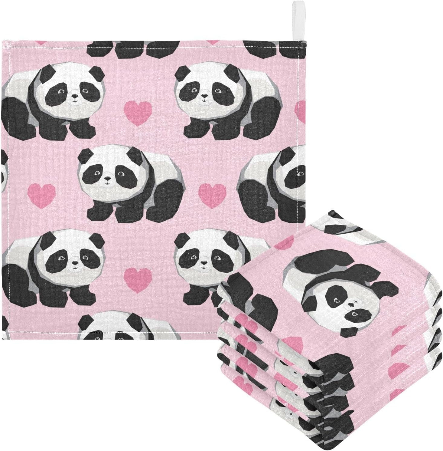 5 Pack Cute Panda Baby Baby Muslin Washcloths, Pink Hearts Pattern Soft