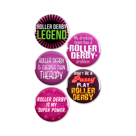 5 Pack - Cute Roller Derby Pinback Buttons - 2.25 Inch