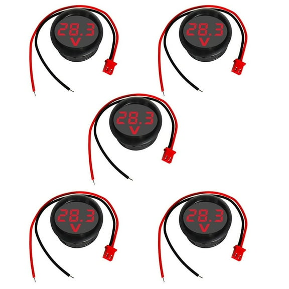 5 Pack DC 4-100V Digital Voltmeter Round LED Display 2-Wire Voltage Meter With Reverse Protection For Car Battery Monitor Red Light 30Mm Cutout(Red)