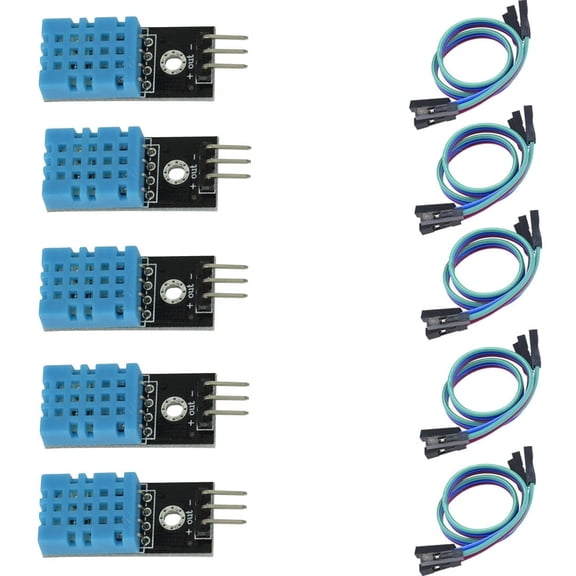 5 Pack DHT11 Temperature Humidity Sensor Module, 3.3V-5V Digital Sensor with Wires, 20%-95% Humidity/0-50 Temperature Range
