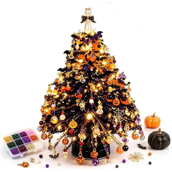 Clearance DIY Beaded Christmas Tree Kit, Halloween Crystal Holiday Craft Set for Adults, Colorful Beads, Ornament Charms, Warm Glow Display, Tabletop Decor, Halloween Gift (Halloween)