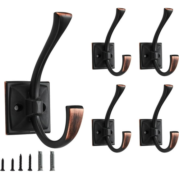 5 Pack Decorative Heavy Duty Towel Hooks for Hanging Robe Double Oil Rubbed Bronze Coat Hooks Wall Mounted with Screws for Key, Towel, Bags, Cup, Hat