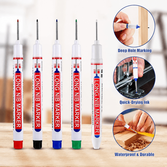 5 Pack Deep Drill Hole Marker Pens, 20mm Long Nib Quick-Dry Marking Pen for Woodworking, Construction, Wood, Wall, Plastic and Cardboard Surfaces