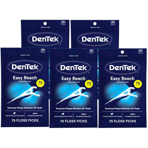 5 Pack - DenTek Complete Clean Easy Reach Floss Picks, No Break & No Shred Floss, 75 Count