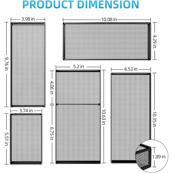 5 Pack Desk Drawer Organizer Set with Mesh Storage Trays and 1 Adjustable Divider, 5 PCS Office Supply and Makeup Drawer Organizers, Black