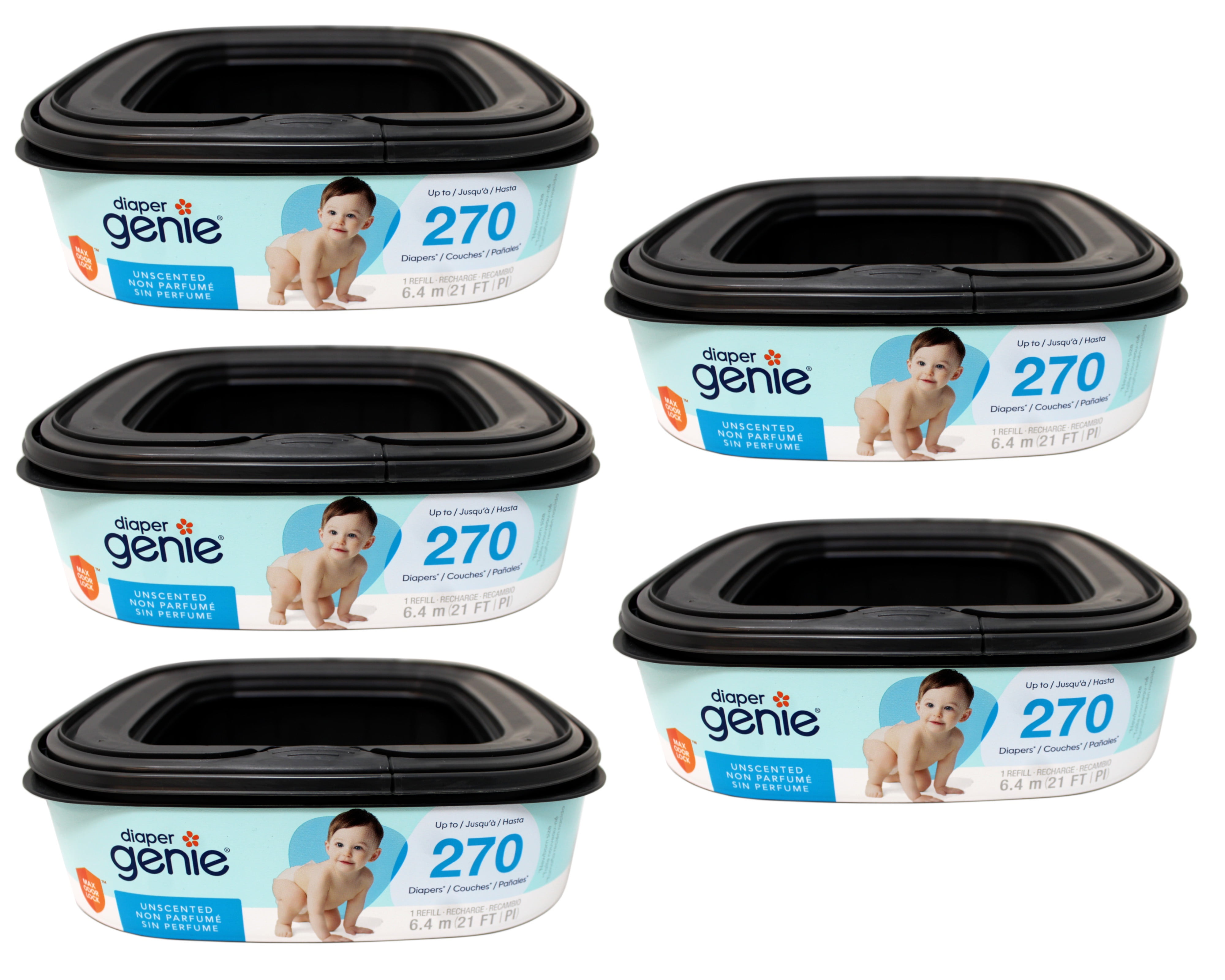 5 Pack - Diaper Genie Square Refill, can Hold up to 270 Newborn-Sized Diapers, Max Odor Lock, Unscented