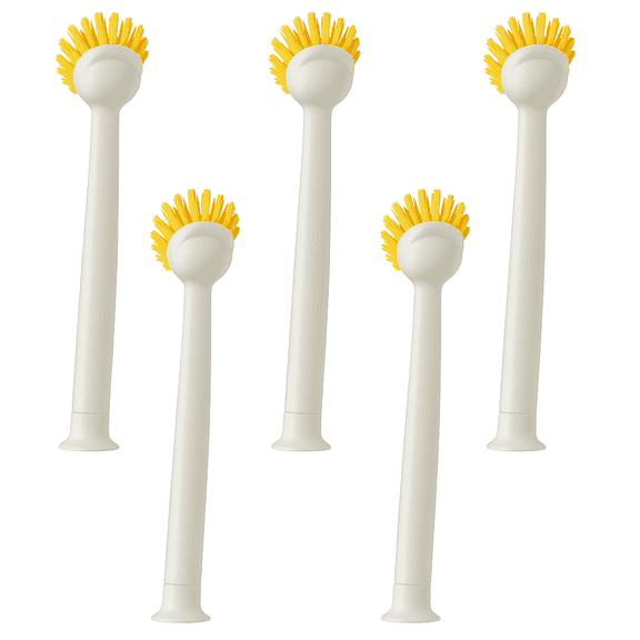 (5-Pack) White Dish Brush with Suction Base  Long Handle Scrub Brush for Dishes, Pots, Pans & Bottles  Yellow Bristle Kitchen Cleaning Brush