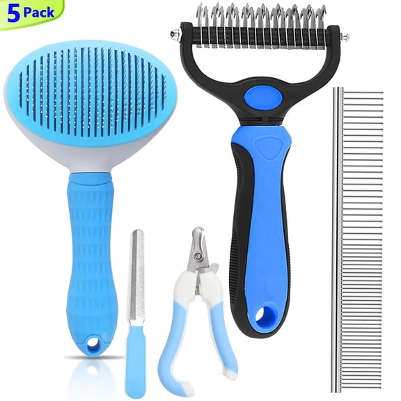 5-Pack Dog Brush, Pet Grooming Rake for Dogs and Cats, Self-Cleaning Dematting Pin Slicker Brush Comb & Nail Clipper, Deshedding Tool for Daily Grooming