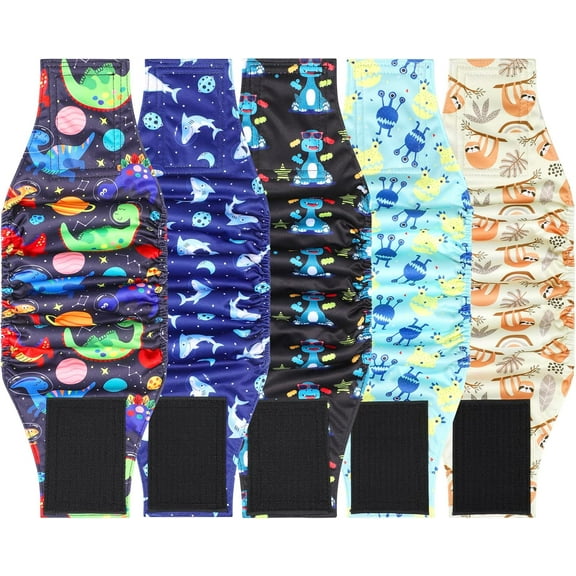 5 Pack Dog Diapers Male Reusable, Premium Belly Bands for Male Dogs, High Absorbing Male Dog Pee Wraps for Doggie in Incontinence or Excitable Urination and Training, Dino S