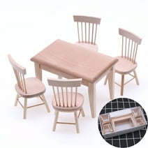 5 Pack Dollhouse Decoration Accessories,1:12 Dollhouse Miniature Furniture Wooden Color Dining Table Chair Model Set