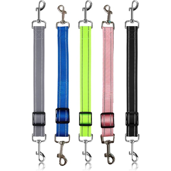 5-Pack Double Clip Dog Leash Extender Adjustable 11-14.5in Reflective Nylon Safety Clip | Pet Harness/Collar Connector Backup Set for Safe Dog Walking