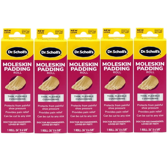 5 Pack - Dr. Scholl's Moleskin Padding ROLL, 1 roll // Thin, Flexible Cushioning & Pain Relief - Cut to Any Size - 24 Inches X 4 5/8 Inches