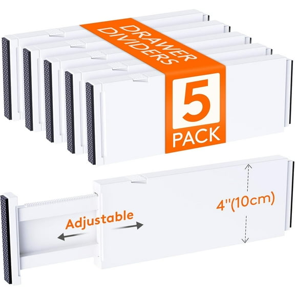 5 Pack Drawer Dividers Plastic 4" High, 11-17" Adjustable Drawer Organizers for Clothes, Expandable Dresser Separators in Bedroom/Bathroom/Kitchen/Fridge/Office Organization and Storage