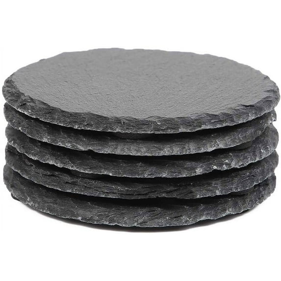5-Pack Drink Coaster Set - Handmade Round Slate Stone Coaster for Bar Kitchen Home Decor Black