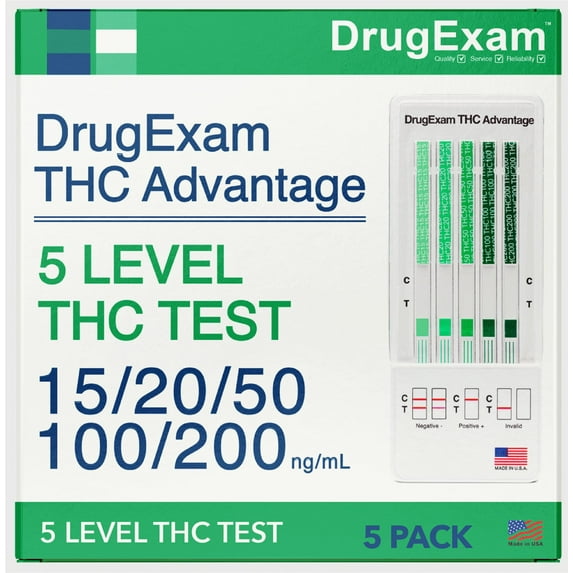 5 Pack - DrugExam THC Advantage Made in USA Multi Level Marijuana Home Urine Test Kit. Highly Sensitive THC 5 Level Drug Test Kit. Detects at 15 ng/mL, 20 ng/mL, 50 ng/mL, 100 ng/mL and 200 ng/mL.