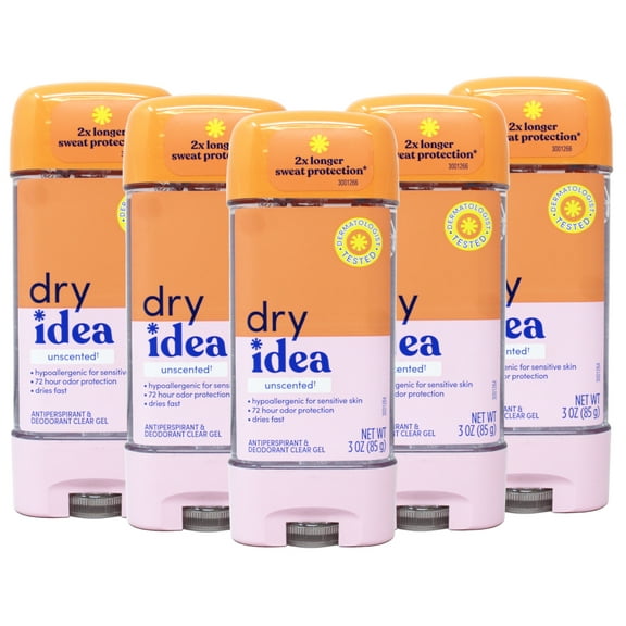 5 Pack Dry Idea Advanced Dry Unscented Antiperspirant & Deodorant Gel 3 Oz Each