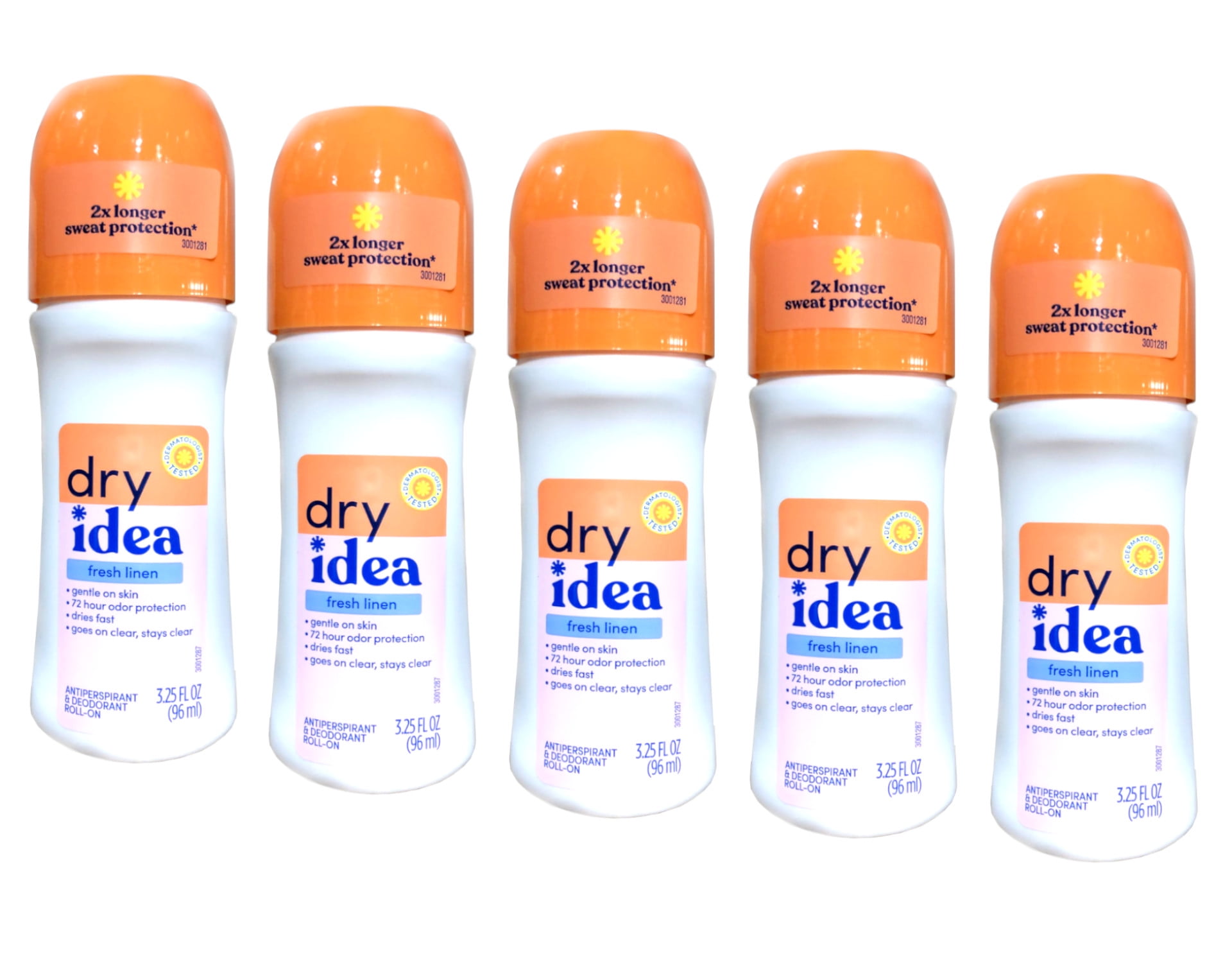 Dry Idea Antiperspirant & Deodorant Roll-On Fresh Linen, Gentle on Skin, 72 Hour Odor Protection, 3.25 fl oz (Pack of 5)