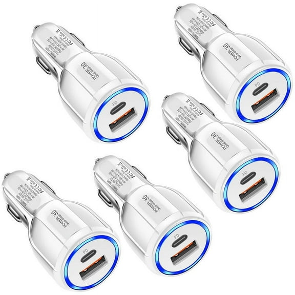 5-Pack Dual USB Car Charger QC3.0 Fast Charging, USB Cigarette Lighter Power Adapter Compatible with iPhone 14 13 12 11 Pro Max Mini X XR 8/7/6, Samsung Galaxy S23 S22 S20 S10 S9 Note20 GPS, White