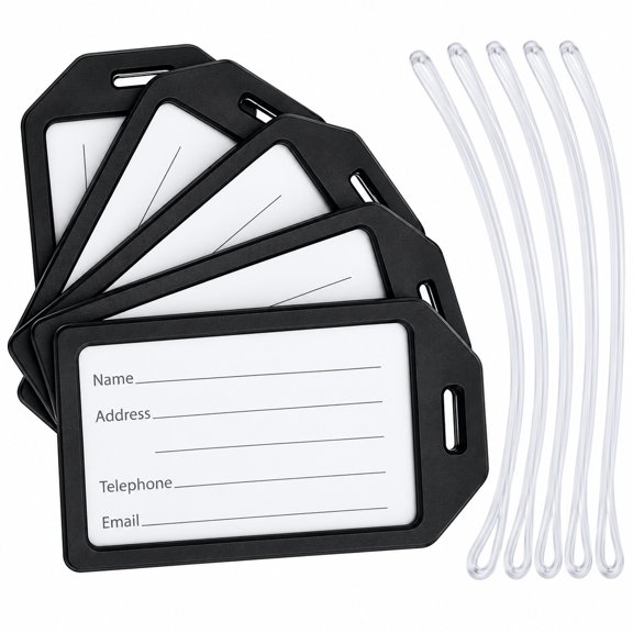 5-Pack Durable Rigid Luggage Tag Holders with Worm Loops - Heavy Duty Plastic ID Tags for Easy Travel Identification (Black)