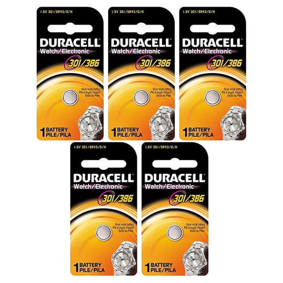 5 Pack Duracell 301 / 386 Silver Oxide Battery 1 Each