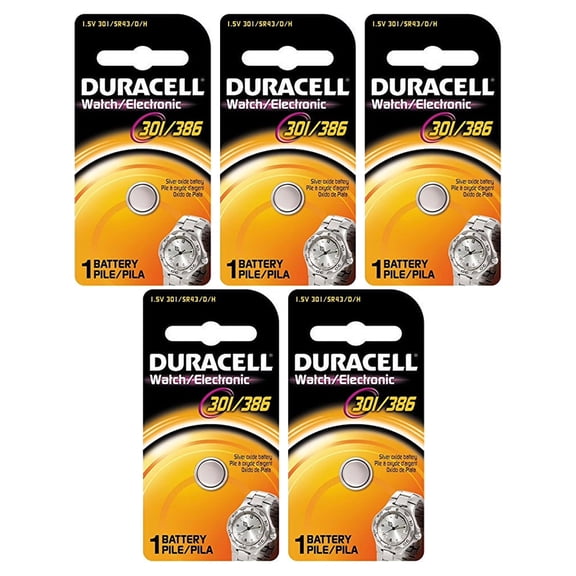 5 Pack Duracell 301 / 386 Silver Oxide Battery 1 Each