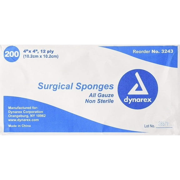 5 Pack Dynarex Surgical Sponges #3243, 4x4" 12 ply, 200 count each