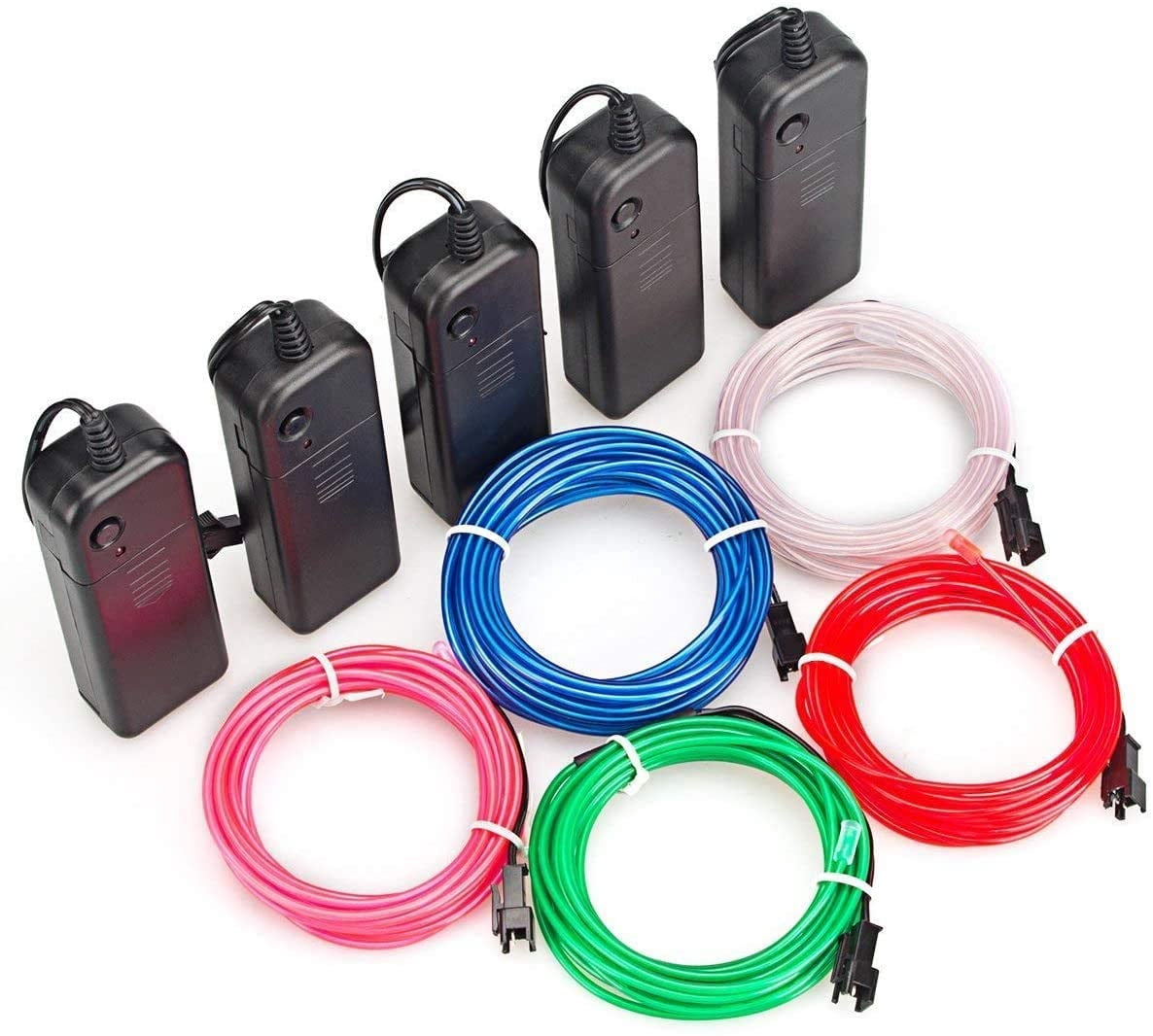 5-Pack 9Ft EL Wire Neon Light Set – Green, Blue, Red, White, Pink With Battery Packs, Blinking Feature
