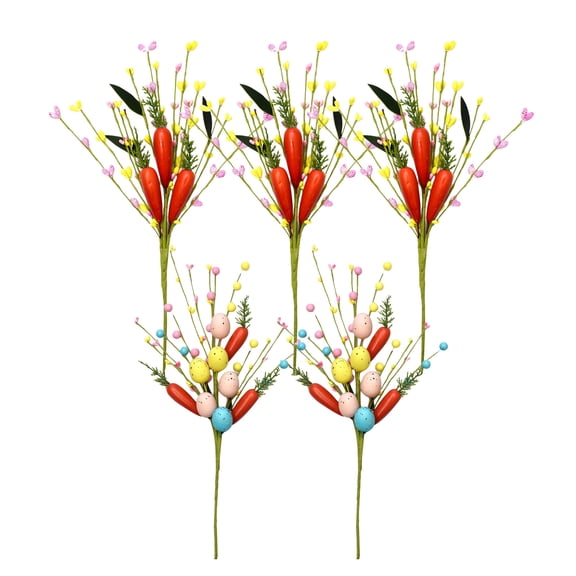 5-Pack Easter Decorative Picks – 3 Berry Carrot & 2 Easter Egg Carrot Stems, Spring Holiday Floral Insert Set for Indoor & Outdoor Table, Vase, Wreath, Party, Seasonal Home Decoration