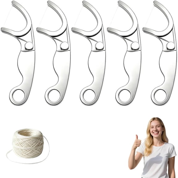 5 Pack Eco-Friendly Reusable Dental Floss Picks, Stainless Steel Refillable Floss Holders, Oral Care Tools with Keychain Loops