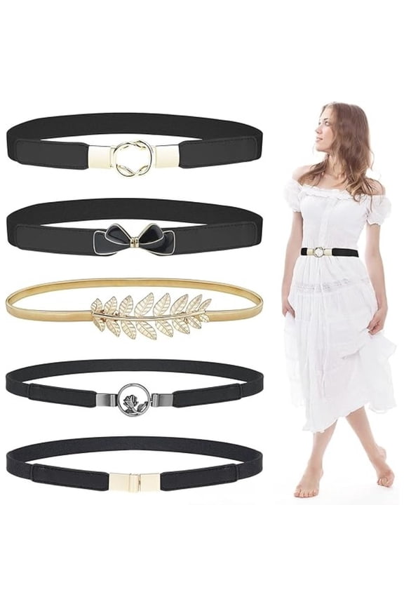 5-Pack Stretch Skinny Belts for Women, Elastic Waistbands with Fashion Buckles, Plus Size Belts for Dresses and Seasonal Outfits