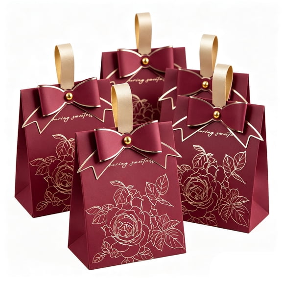 5 Pack Elegant Favor Gift Box Red Paper Candy Gift Gable Boxes for Party Favors, Pastel Goodie Box for Birthday Wedding Spring Easter Parties Supplies Decorations