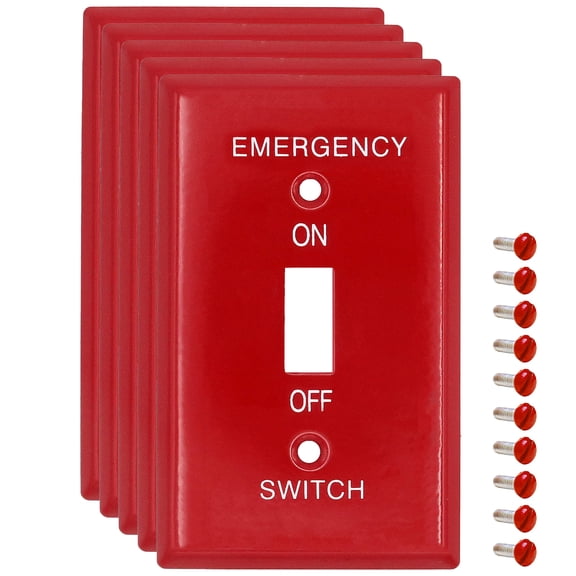 5 Pack Emergency Red Light Switch Cover Guard, Toggle Switch Wall Plate, 1-Gang Standard Size, Heavy Duty, Red Metal, With White Silk-Screened Lettering, Code Compliant, Noticeable